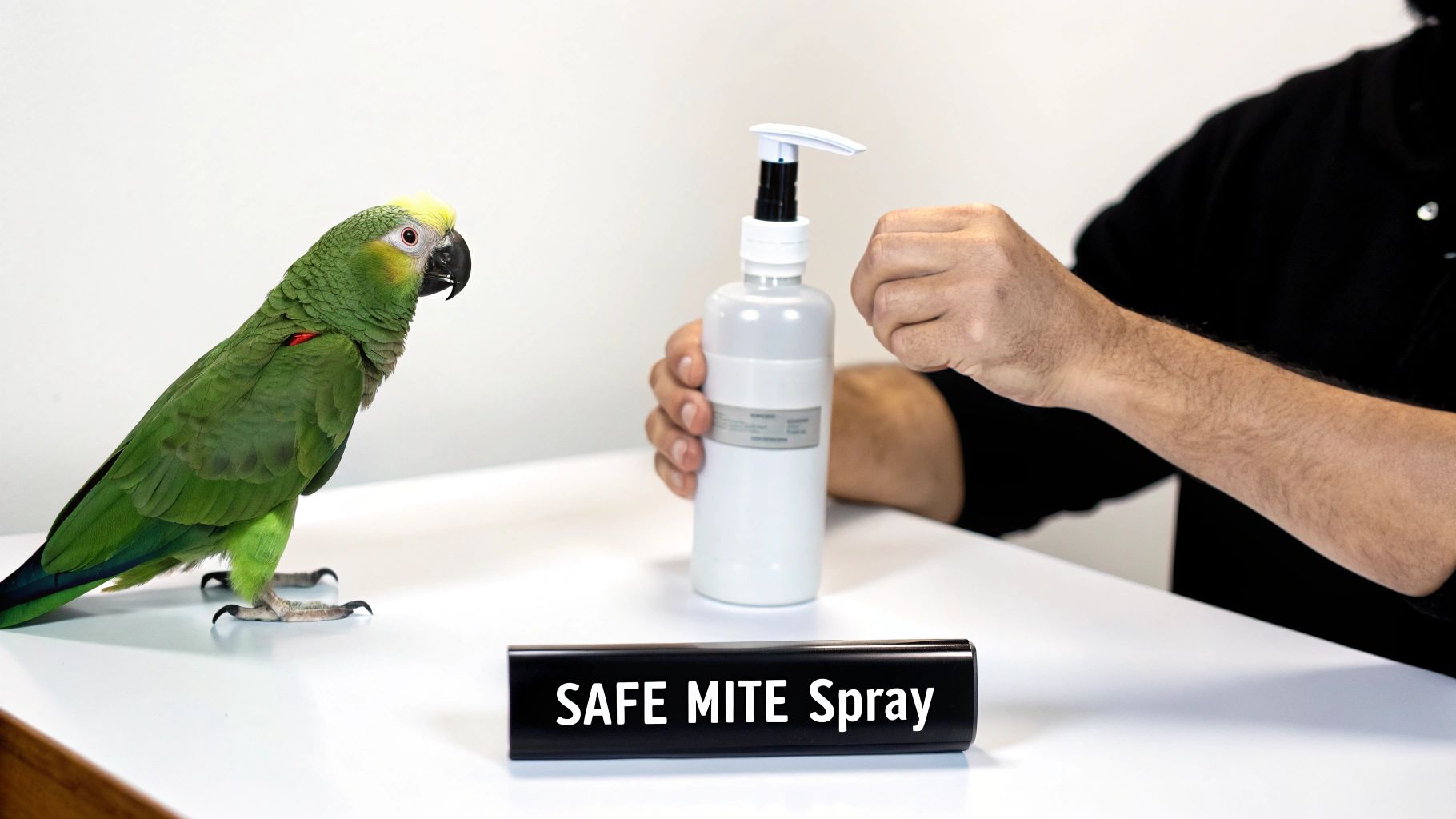 Green parrot observing a person holding a 'SAFE MITE Spray' bottle on a white surface.