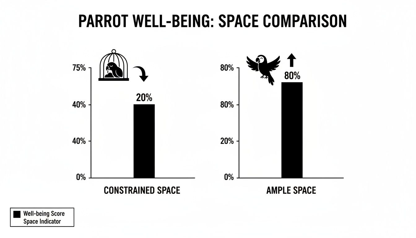 Bar graphs illustrate parrot well-being: 20% in constrained space versus 80% in ample space.