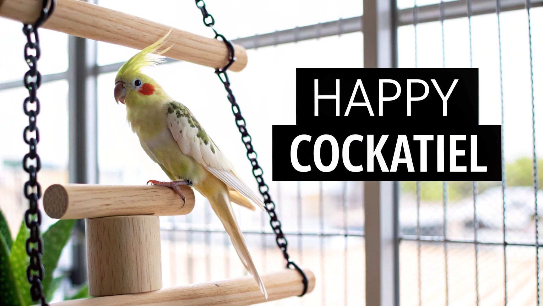 A happy cockatiel bird with yellow crest and orange cheek patch perches on a wooden toy structure.