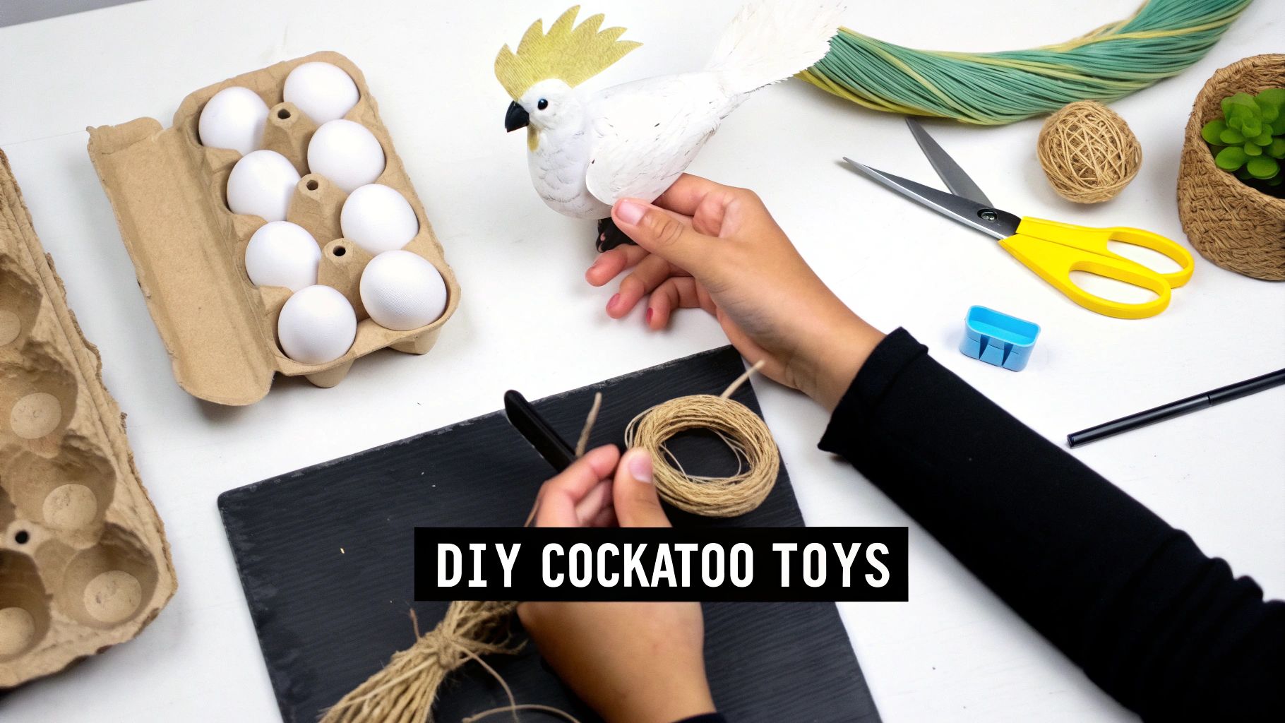 Hands crafting DIY cockatoo toys using paper, twine, and egg cartons on a white table.
