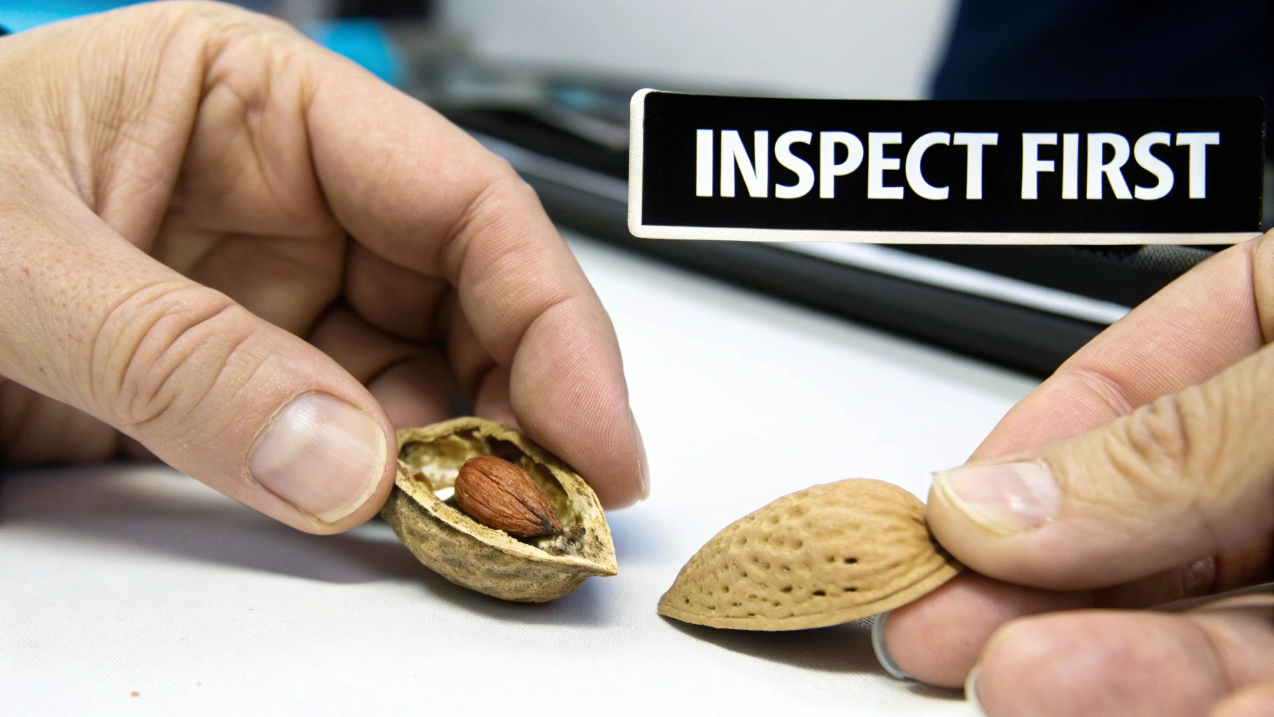 Hands carefully inspecting an opened almond with the nut inside, next to a sign reading 'INSPECT FIRST'.