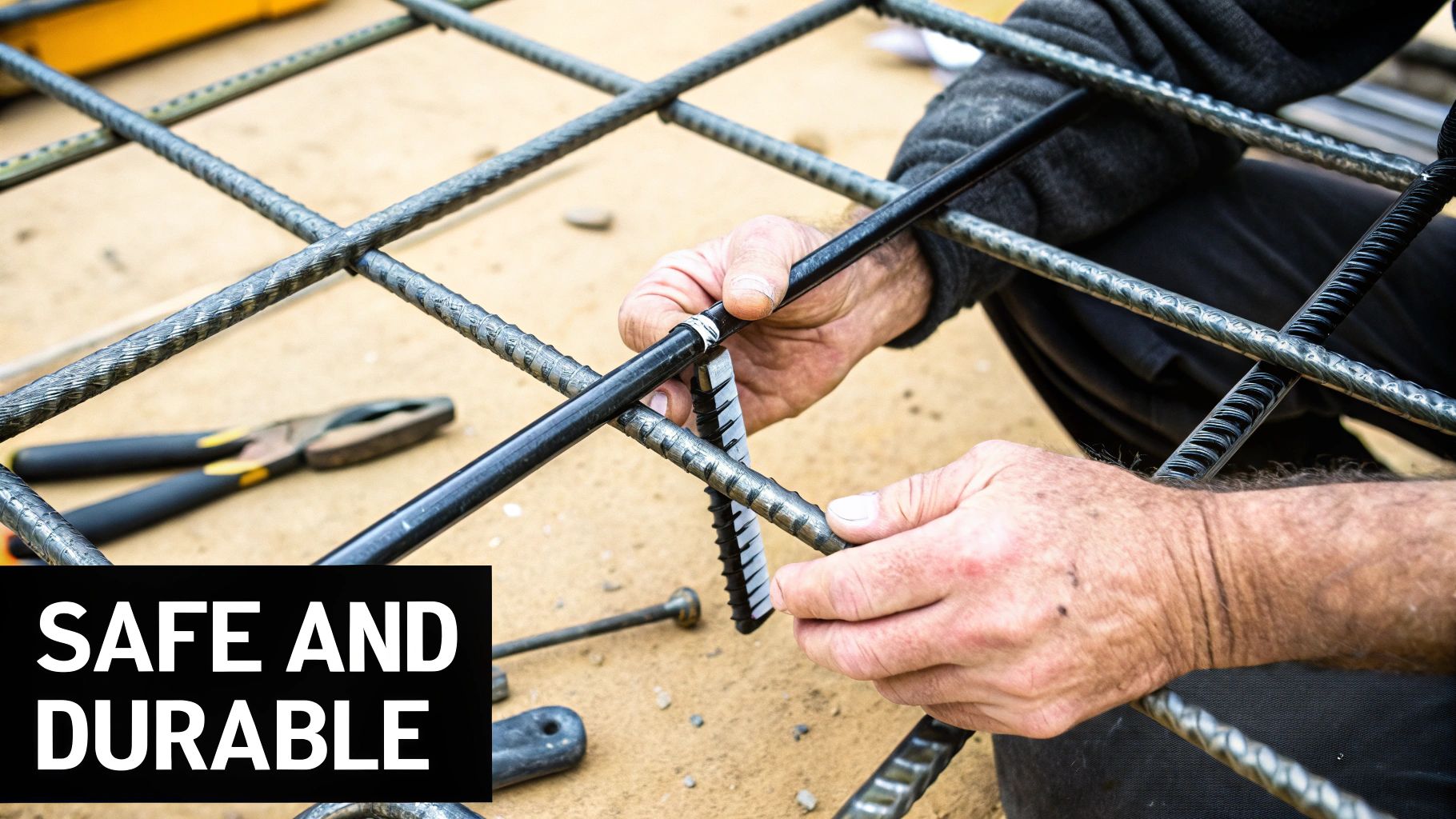 Worker's hands using a specialized tool to connect rebar for a strong, durable construction.