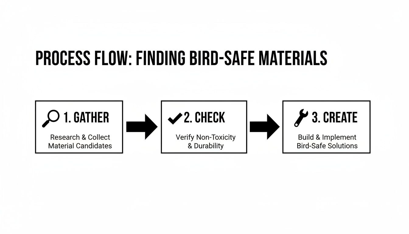 Process flow diagram showing three steps for finding bird-safe materials: gather, check, and create.
