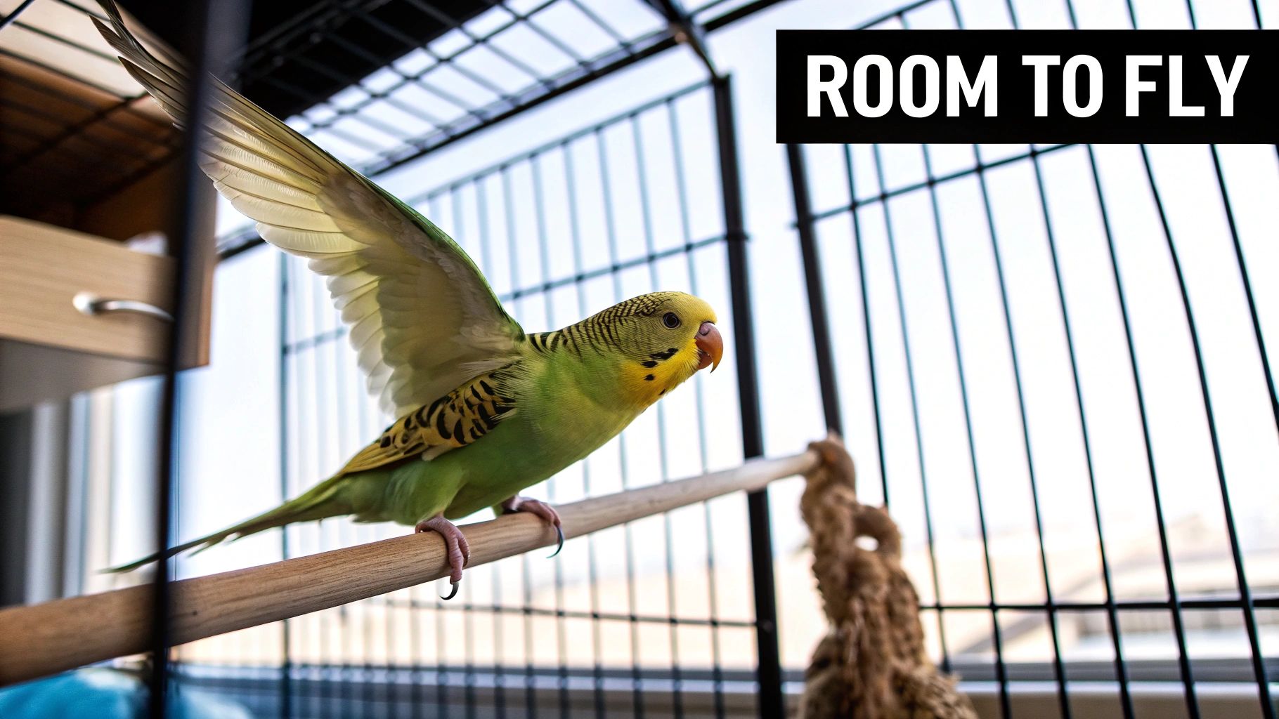 A colourful budgie perched inside a spacious and clean bird flight cage, looking alert and healthy.
