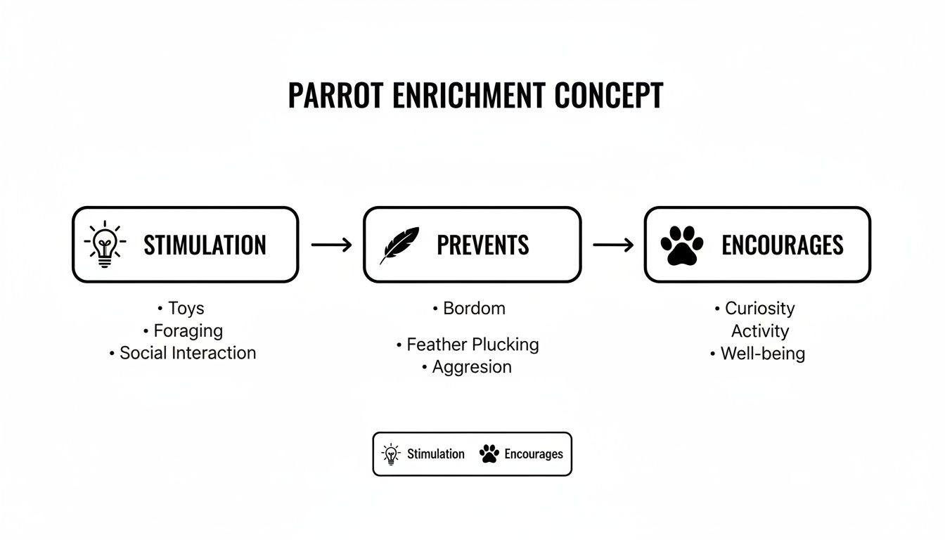 Flowchart showing parrot enrichment concept: stimulation prevents boredom and aggression, encouraging curiosity and well-being.