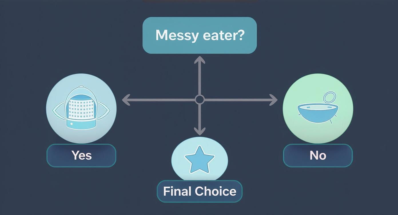 Infographic decision tree for choosing parrot feeders.