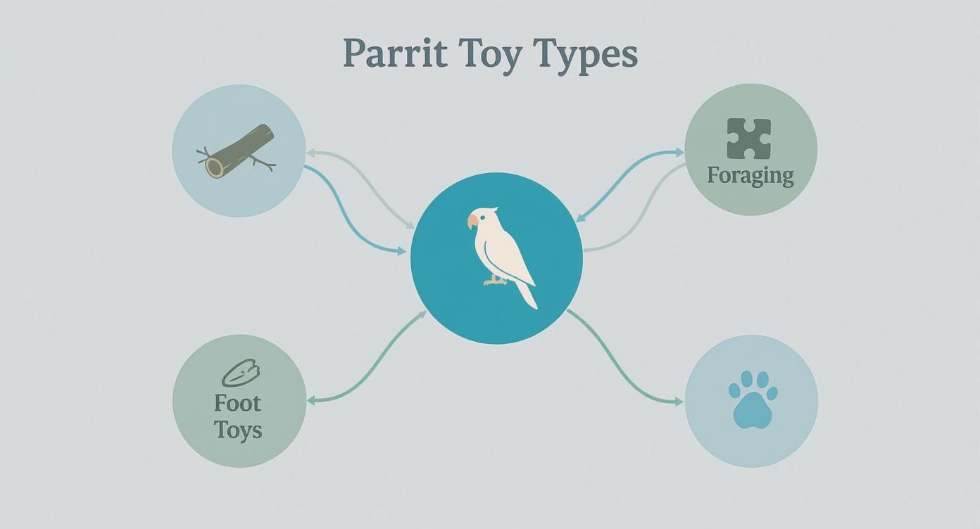 Diagram illustrating various parrot toy types, including chewing, foraging, and foot toys categories.