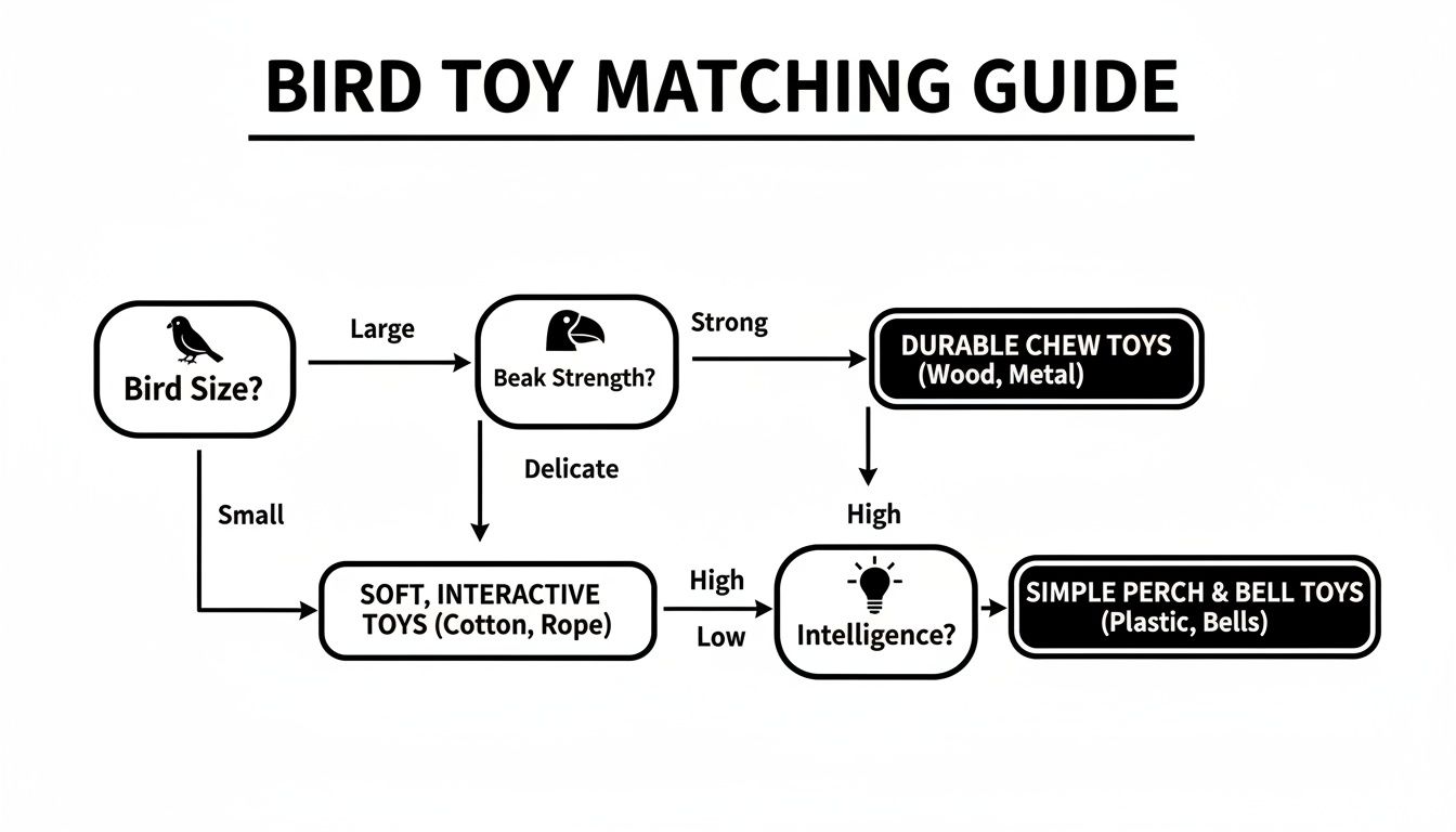 A flowchart guiding bird owners to choose the right bird toy based on bird size, beak strength, and intelligence.