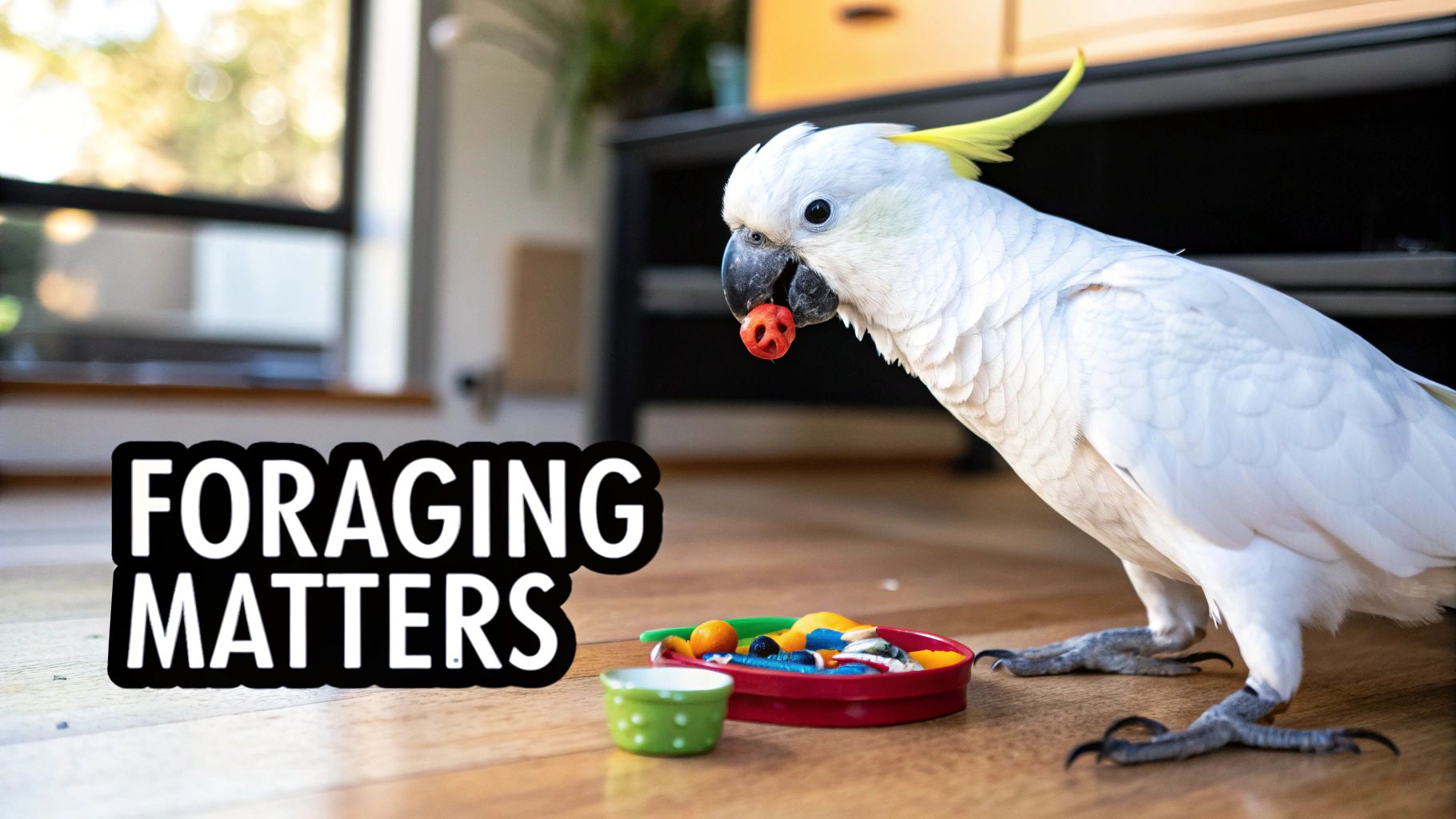 A white cockatoo holds a red foraging toy in its beak, standing near more colorful toys on a wooden floor.