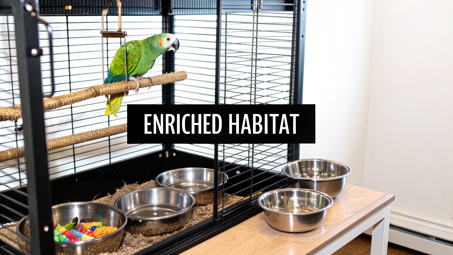A vibrant green parrot with red head feathers sits on a perch inside a large, enriched cage with food bowls and toys.