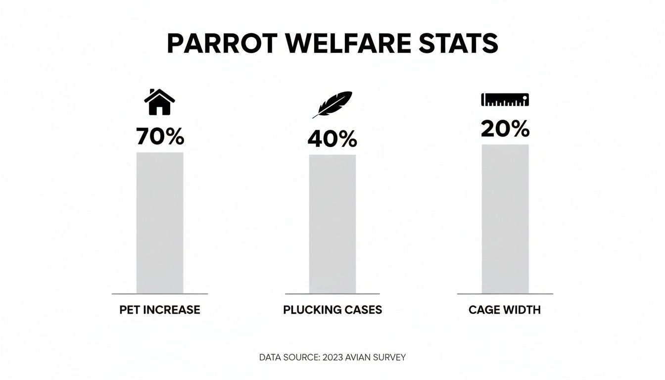 Bar chart displaying parrot welfare stats: 70% pet increase, 40% plucking cases, 20% cage width.