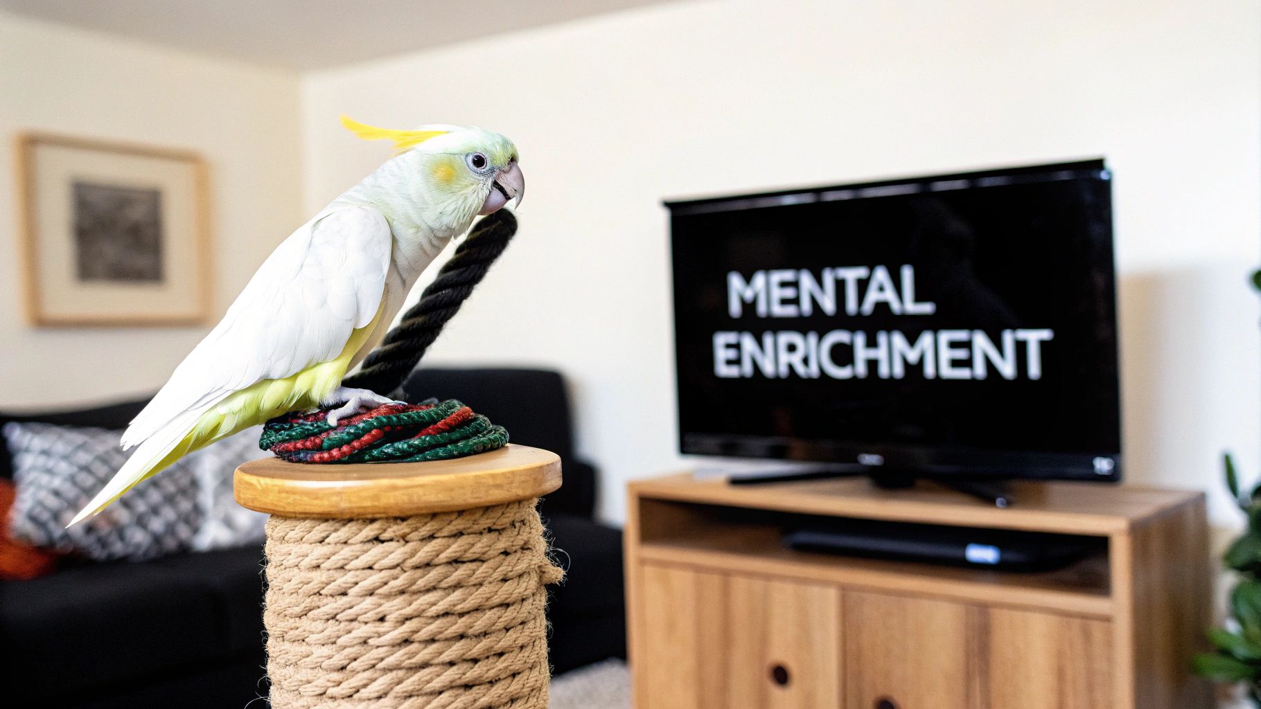 A white cockatoo parrot with a yellow crest perched on a rope stand, watching a TV displaying 'MENTAL ENRICHMENT'.