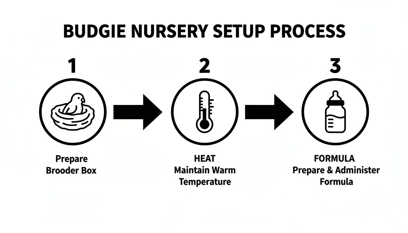 A three-step diagram showing the budgie nursery setup process: prepare brooder, maintain warm temperature, and prepare formula.