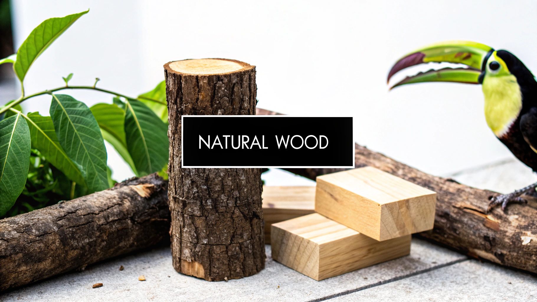 A toucan bird sits on a wooden branch, surrounded by a tree stump, wooden blocks, and green leaves, with 'NATURAL WOOD' text overlay.
