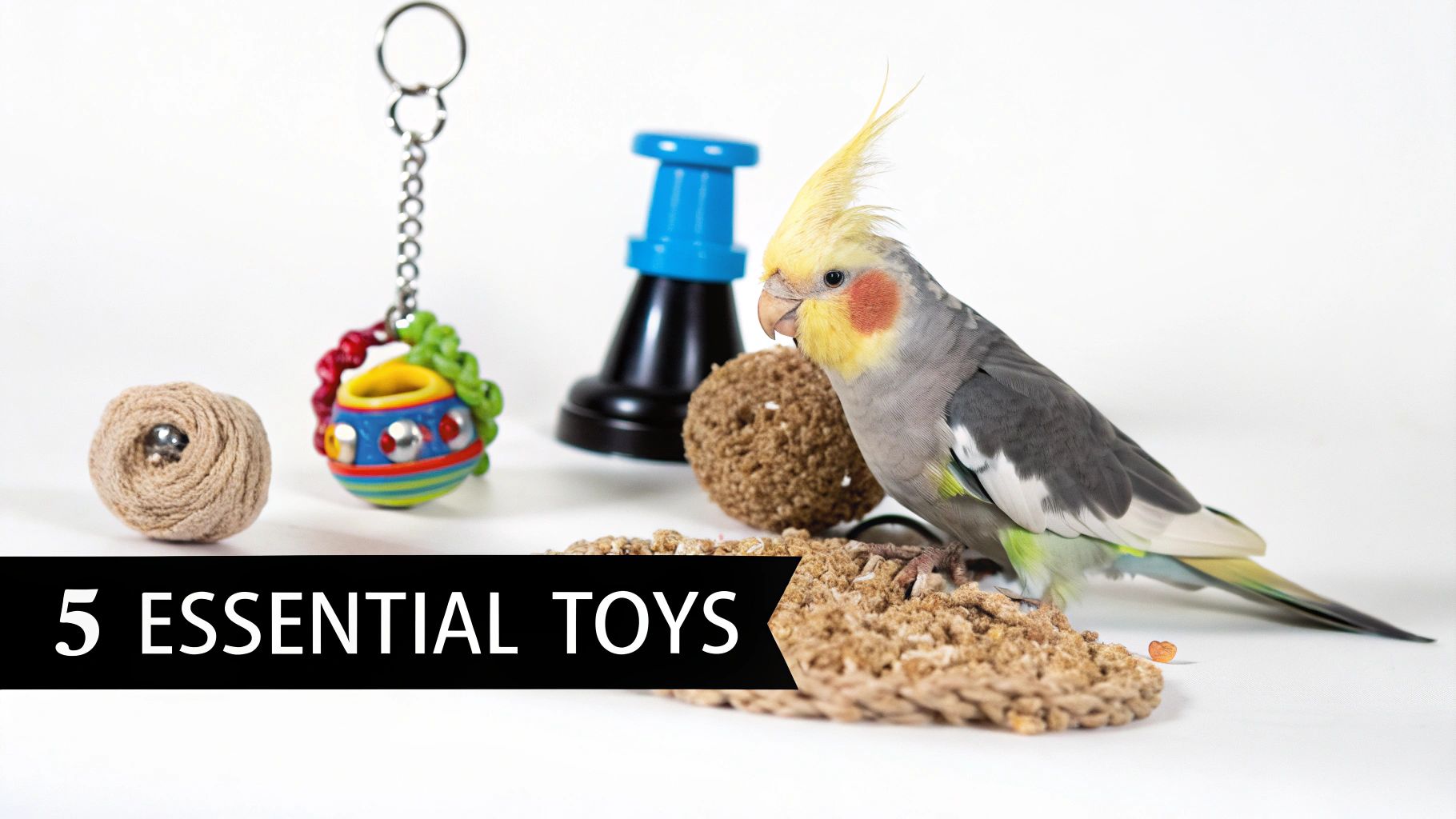 A happy cockatiel bird with a yellow crest and orange cheeks poses with five essential bird toys.