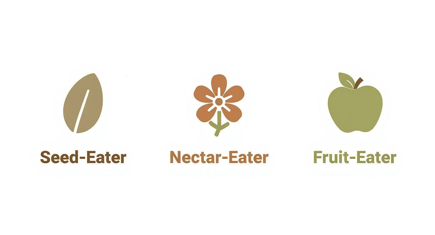 Three icons showing a seed, a flower, and an apple, labeled Seed-Eater, Nectar-Eater, and Fruit-Eater.