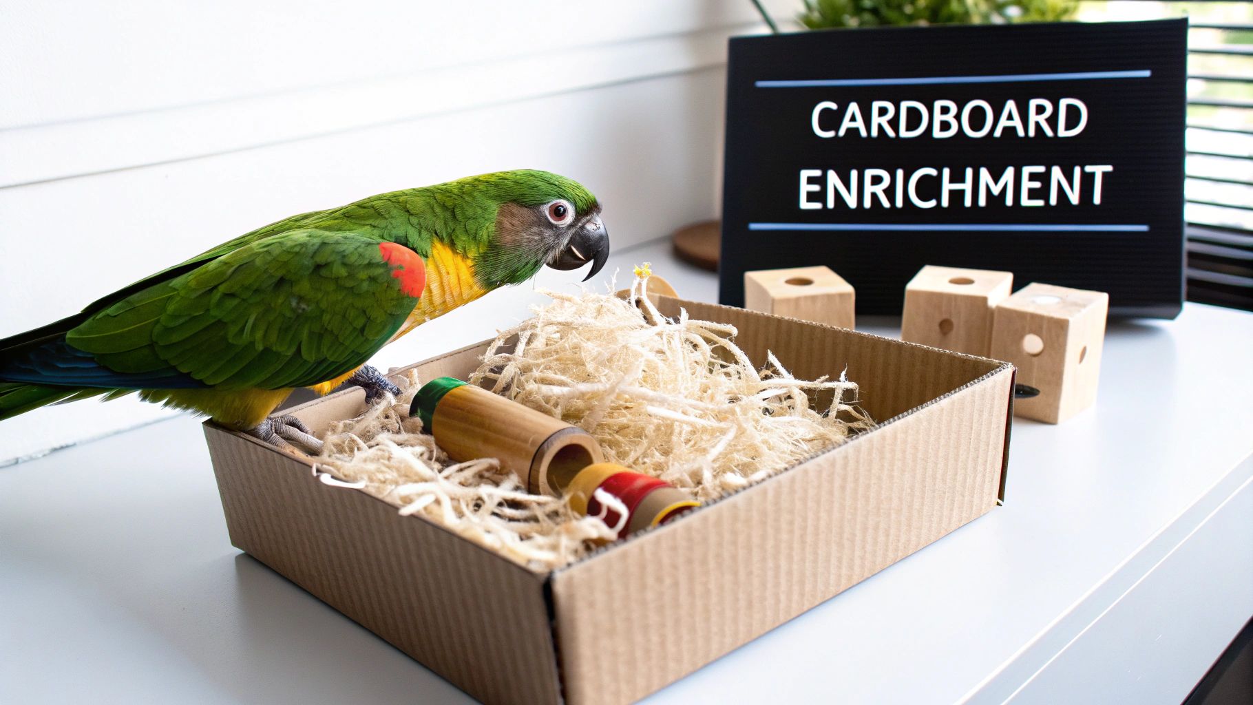 A green parrot explores a cardboard box filled with shredded paper and wooden toys, labeled 'Cardboard Enrichment'.