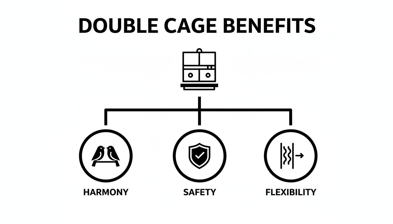 An infographic illustrating the benefits of a double cage: harmony with birds, safety, and flexibility.