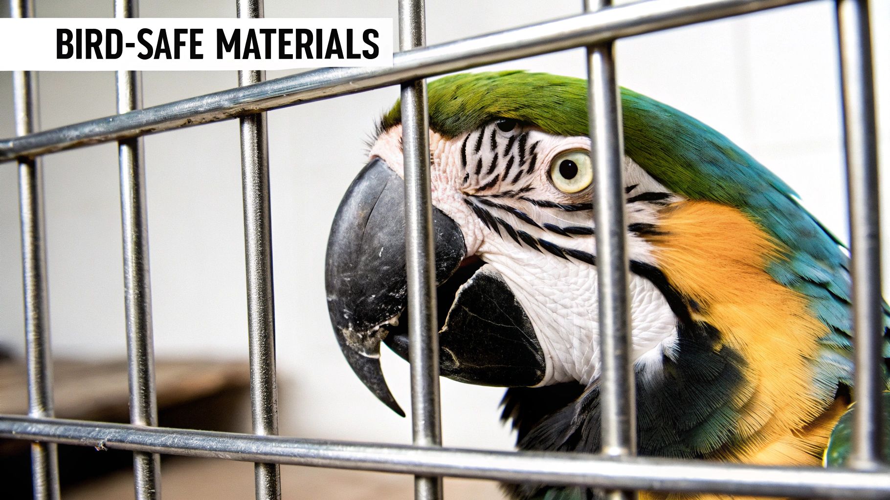 Close-up of a vibrant macaw parrot peering from inside a metal cage with text 'BIRD-SAFE MATERIALS'.