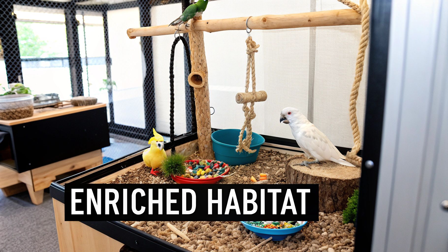 An enriched bird habitat with multiple parrots, perches, toys, and food bowls in a spacious aviary.