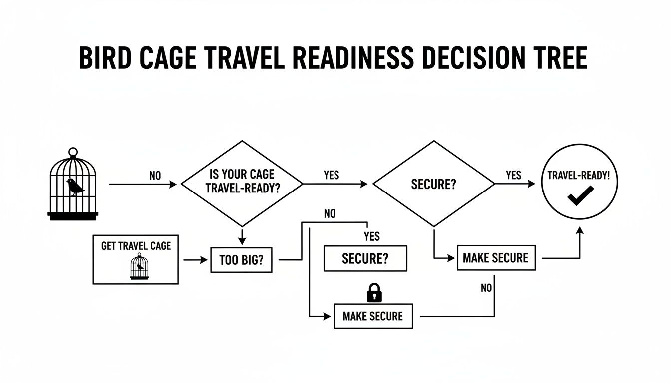 Decision tree flowchart for bird cage travel readiness, guiding users to ensure their cage is secure and travel-ready.