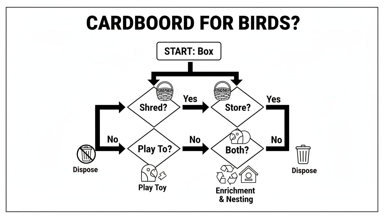 Flowchart titled "CARDBOARD FOR BIRDS?" outlining decisions for repurposing a box for bird use.