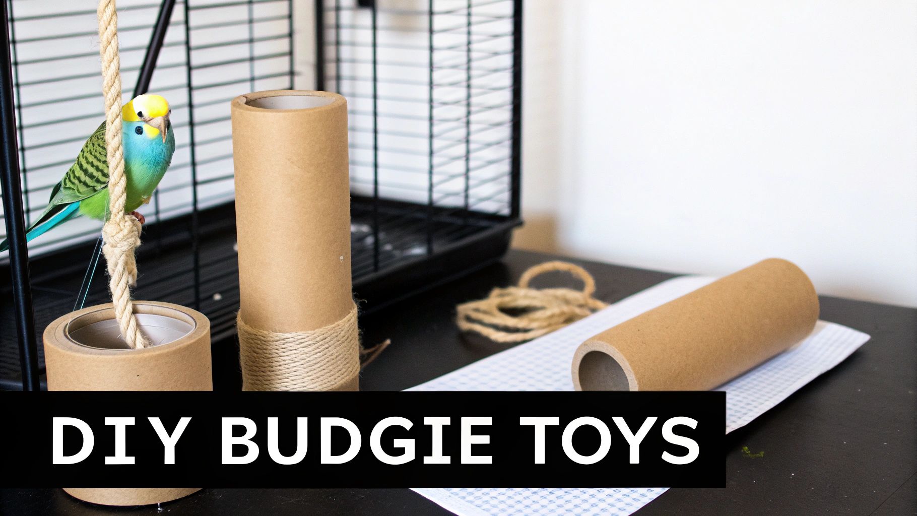 A cheerful green and blue budgie sits on a rope swing, surrounded by cardboard tubes and craft supplies for DIY toys.
