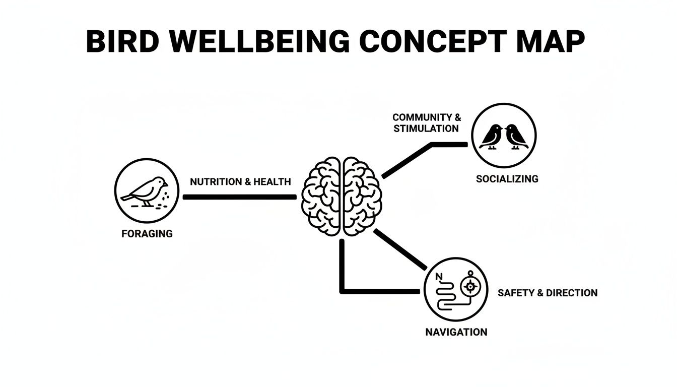 A concept map illustrating bird wellbeing, connecting foraging, socializing, and navigation to key factors.