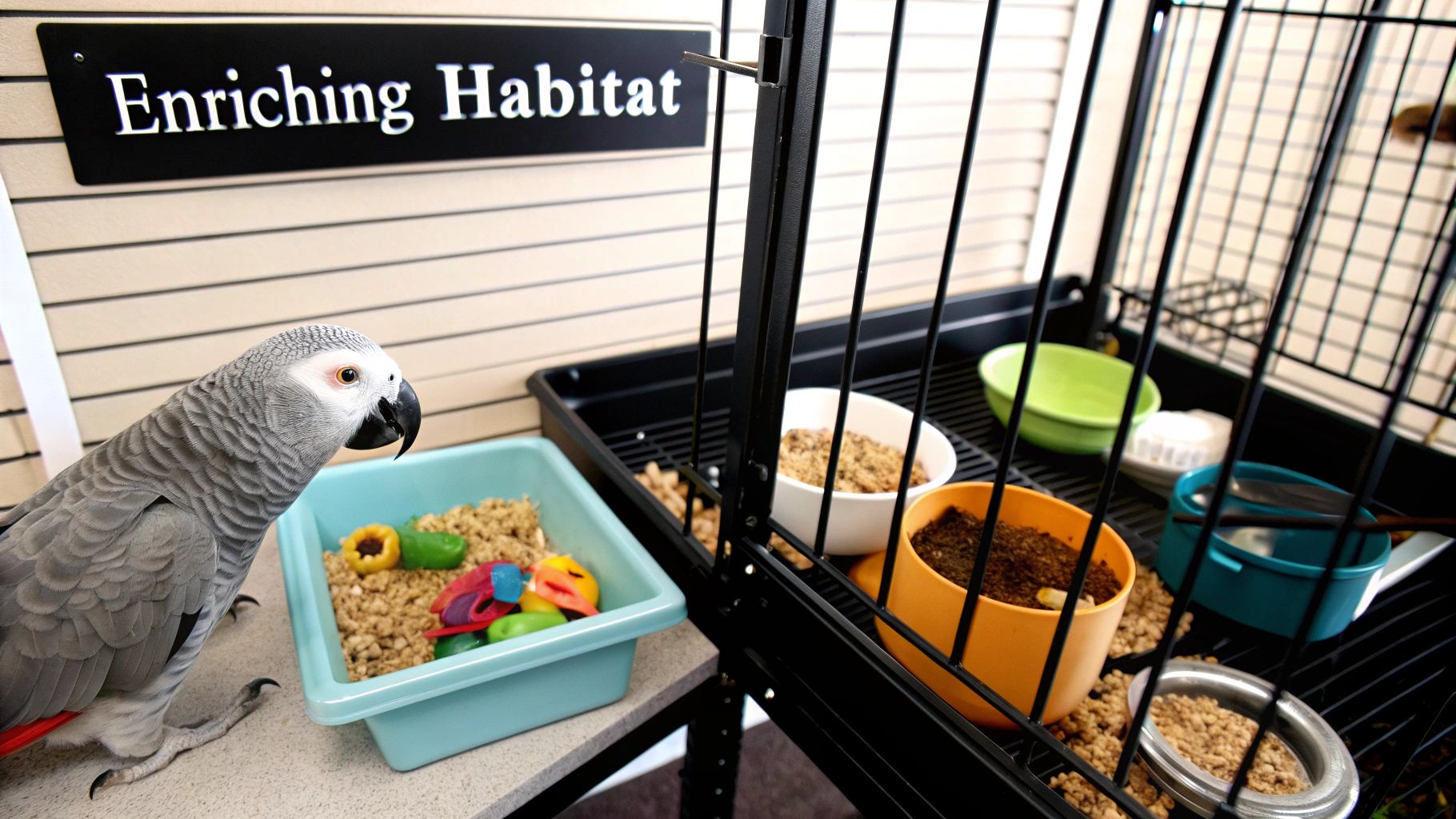 An African Grey parrot next to a sign 'Enriching Habitat' with various food bowls and toys.