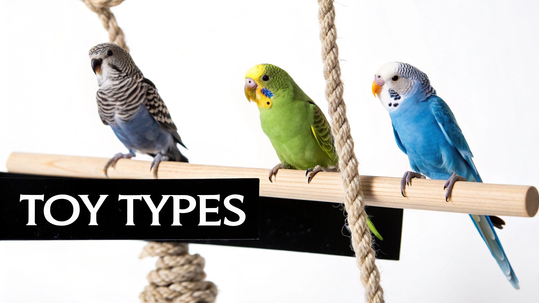 Three colorful budgies, blue, green, and grey, on a wooden swing, next to 'TOY TYPES' text.