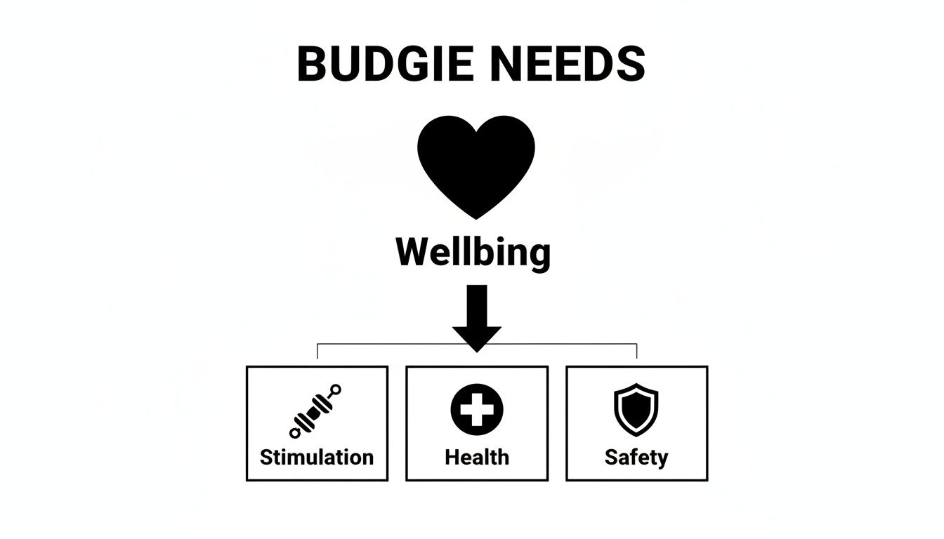 Diagram illustrating budgie needs: wellbeing is achieved through stimulation, health, and safety.