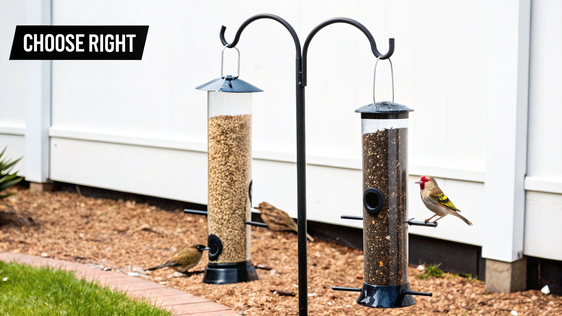 Two transparent tube bird feeders filled with seeds, attracting several birds, including a colorful goldfinch.
