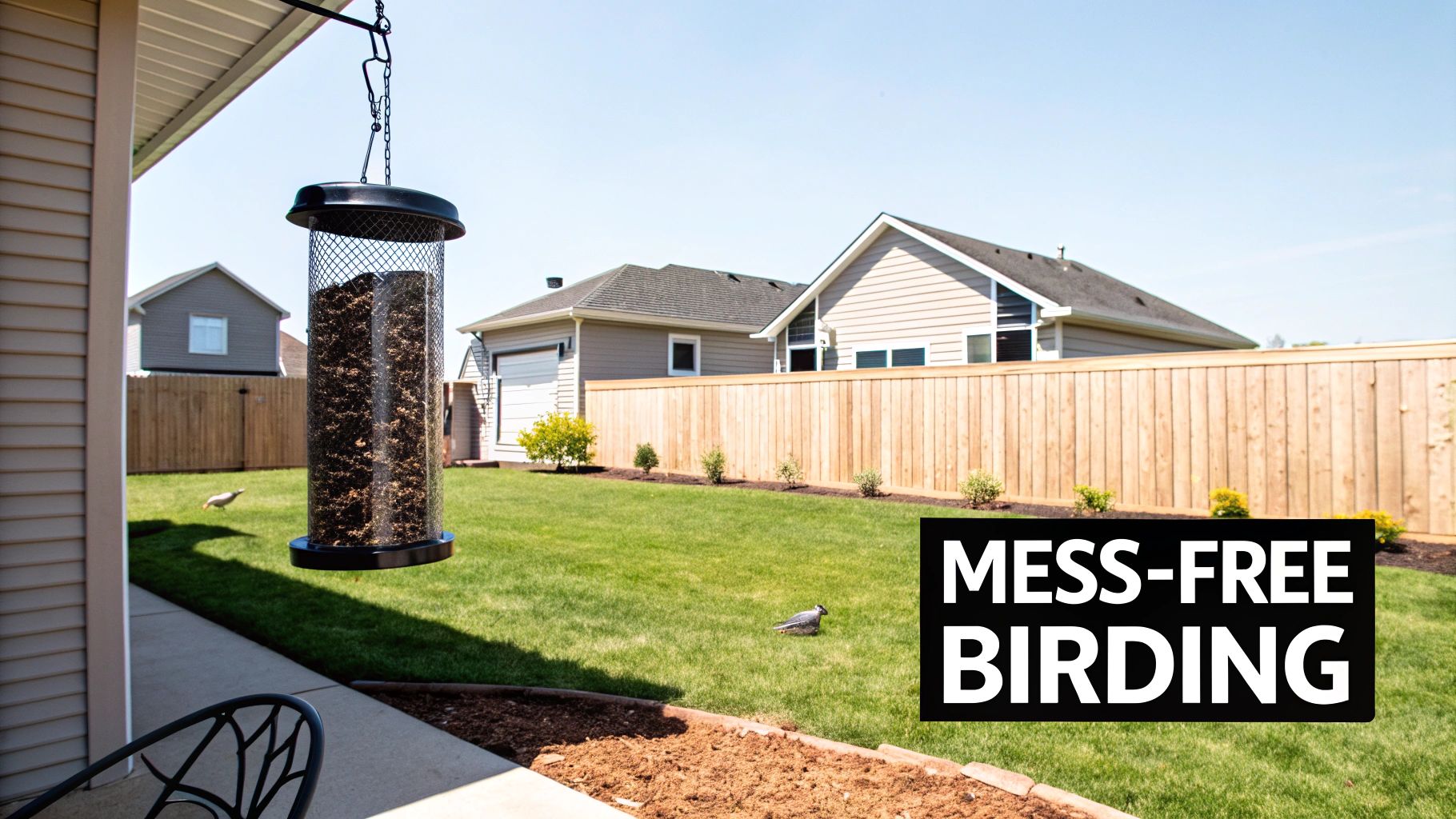 A colourful Australian rosella eating from a no mess bird feeder in a garden setting.