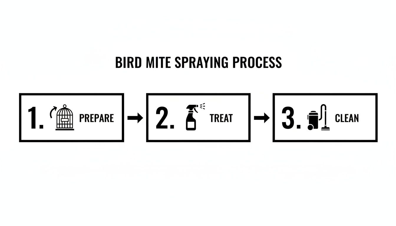 A three-step infographic illustrating the bird mite spraying process: Prepare, Treat, and Clean.