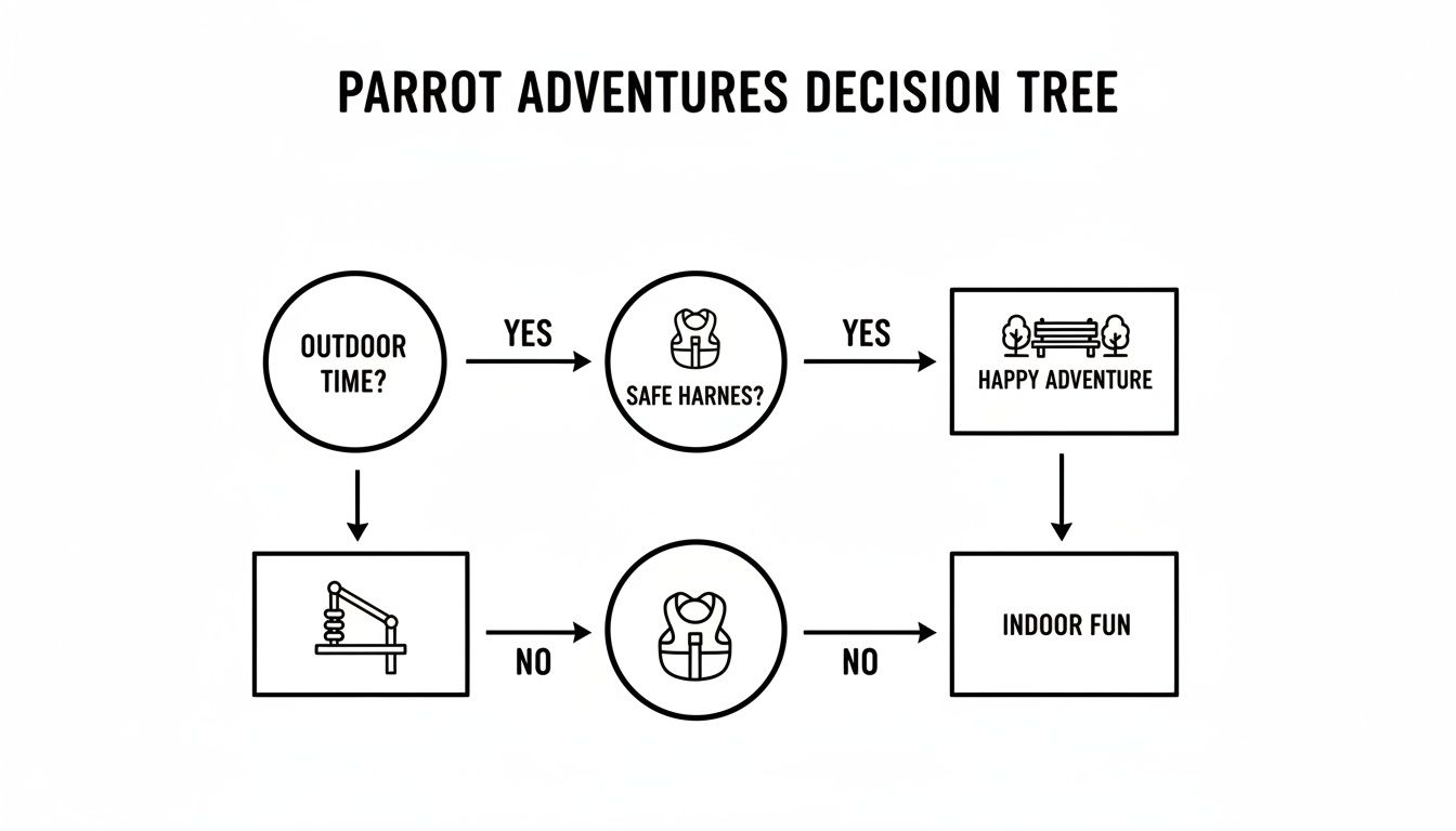 Flowchart for parrot adventures: Outdoor time and safe harness lead to happy adventure. Otherwise, it's indoor fun.
