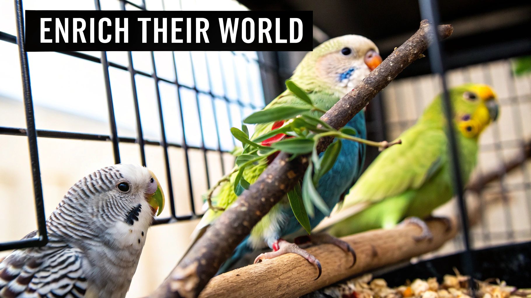 A colourful parrot playing with a wooden toy inside its cage.