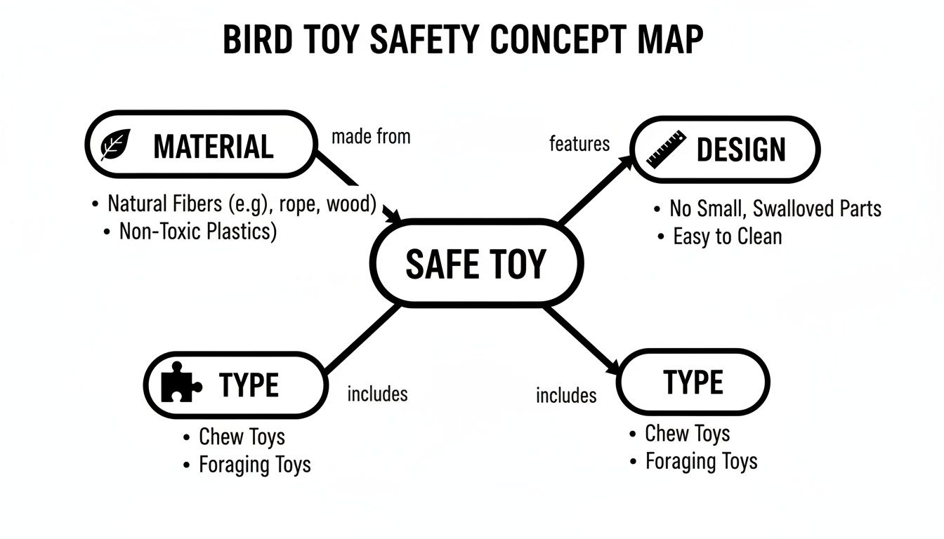 Concept map illustrating bird toy safety, focusing on safe materials, design features, and types of toys.