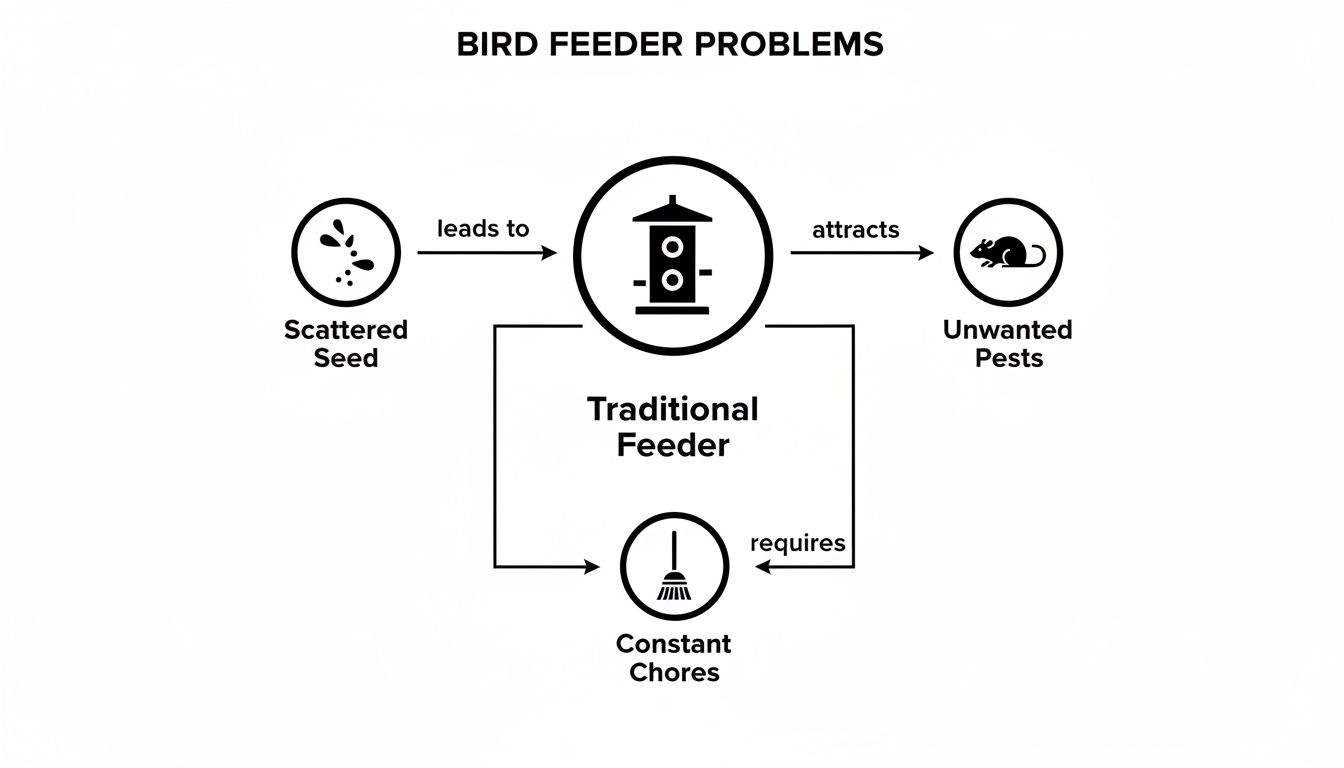 Diagram illustrating bird feeder problems: scattered seed, unwanted pests, and constant chores associated with traditional feeders.