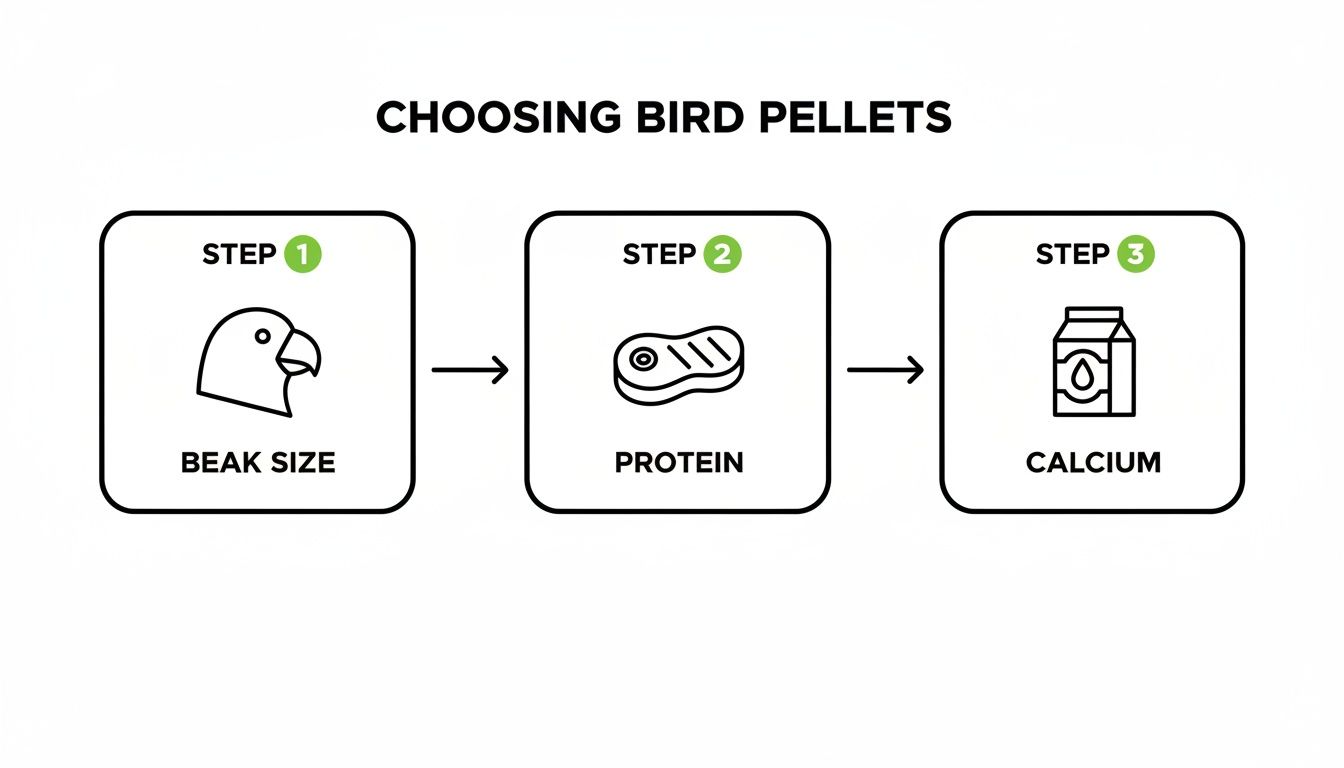 Infographic outlining three steps to select bird pellets based on beak size, protein, and calcium.