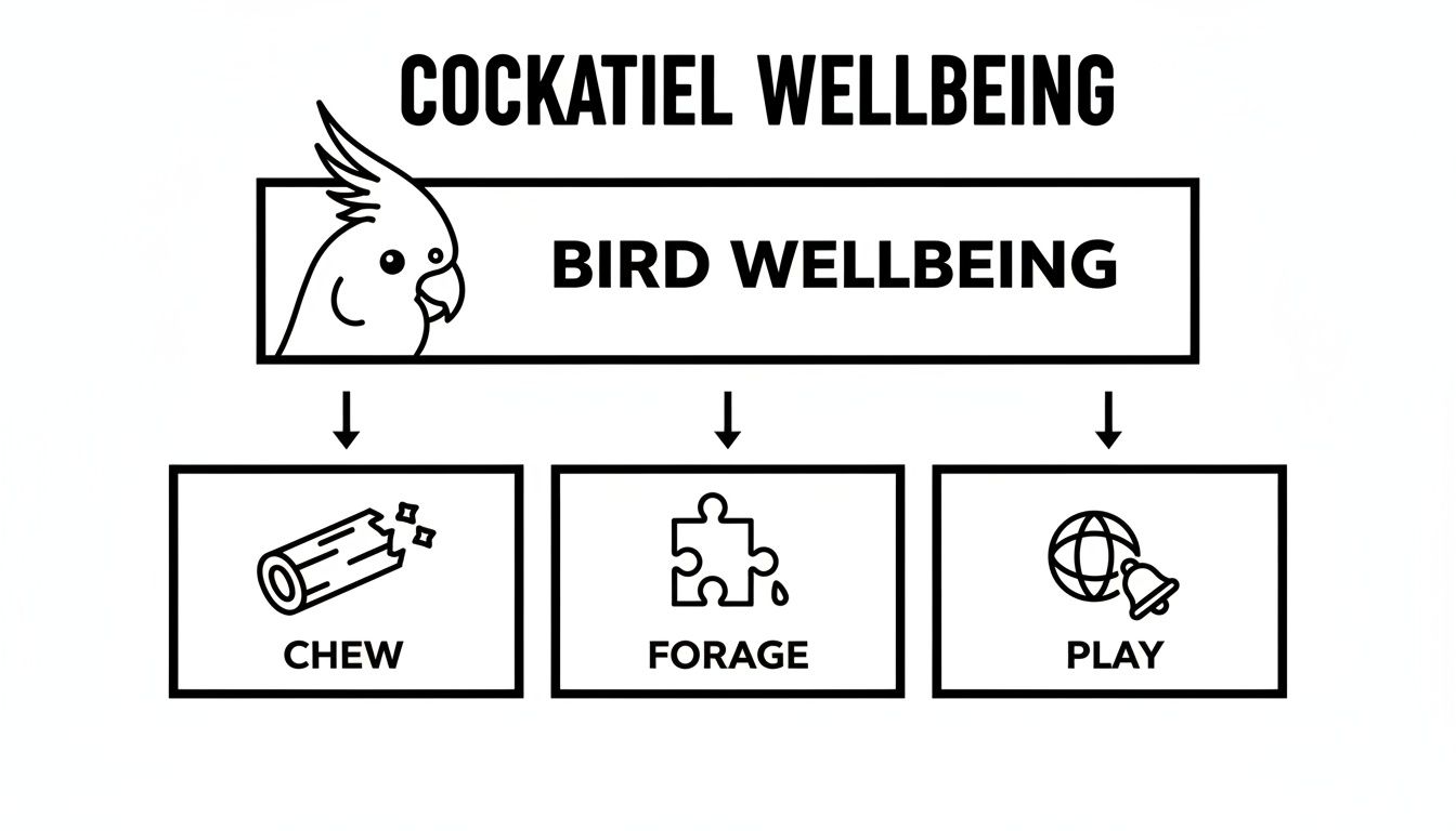 Diagram showing cockatiel wellbeing through essential bird activities: chew, forage, and play.