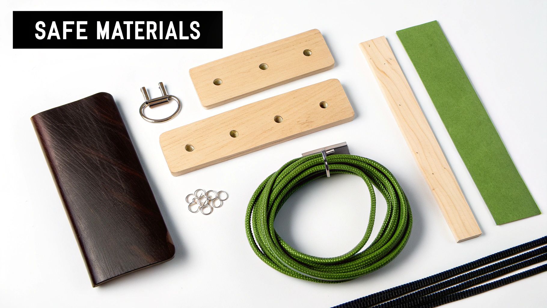 Various craft materials, including wooden planks, green rope, metal rings, and dark wood, laid out.