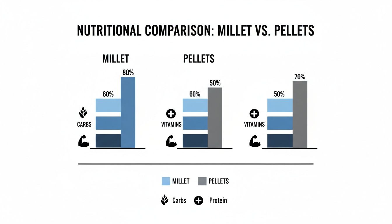 A bar chart comparing millet and pellets' nutritional values for carbohydrates, vitamins, and protein.