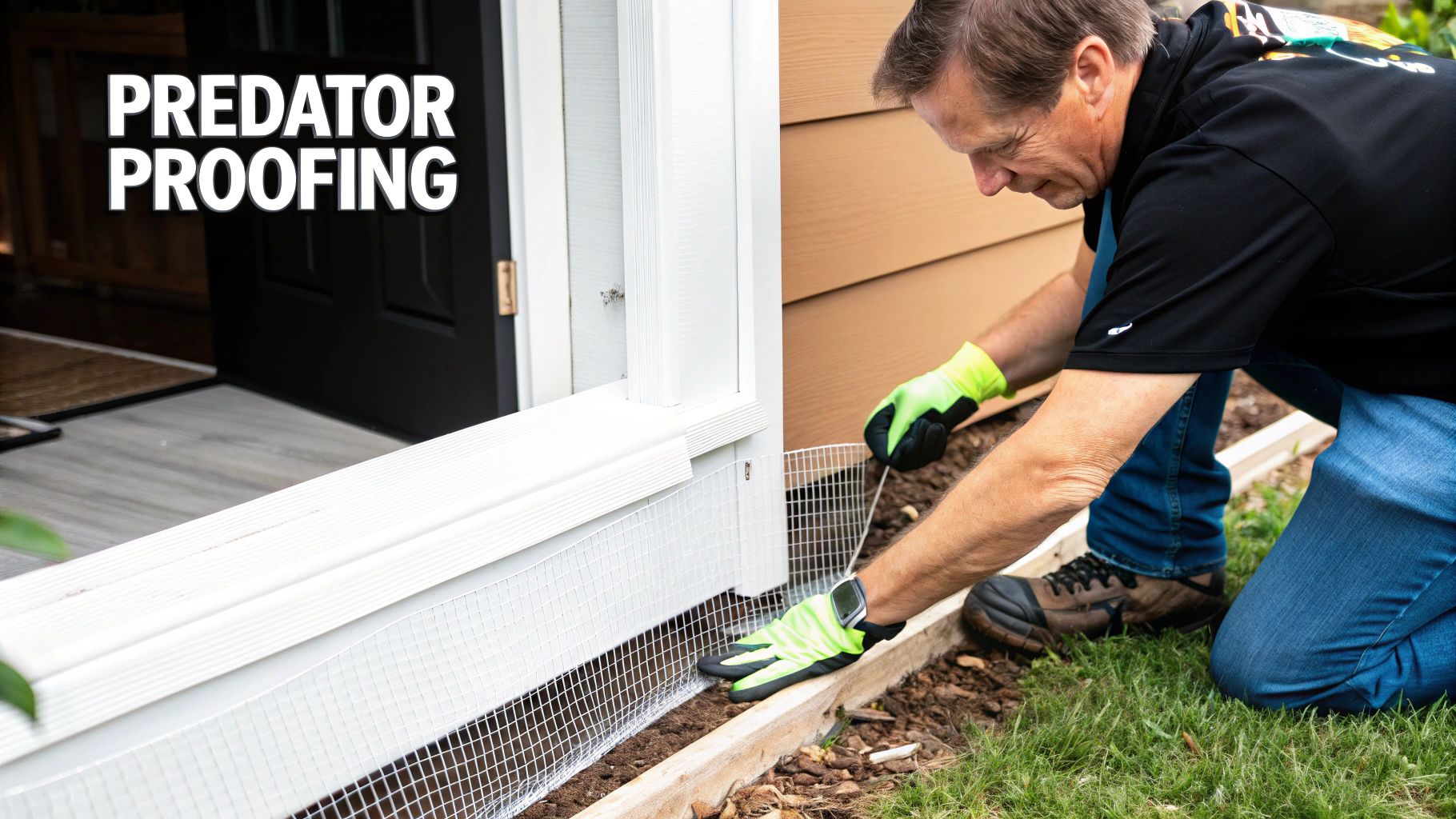 Professional installing metal mesh wire along house foundation for predator proofing outdoor bird aviary