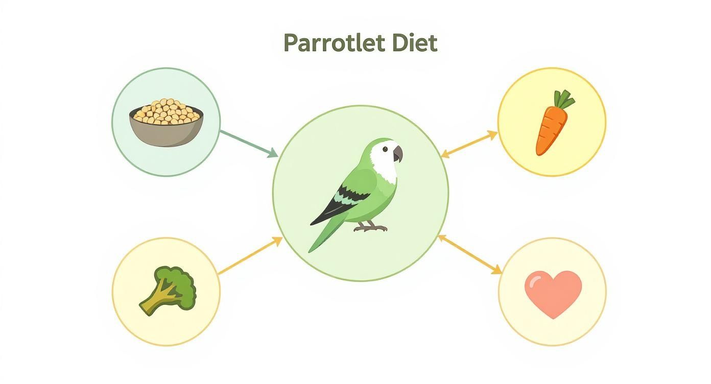 Diagram showing parrotlet diet with vegetables, seeds, and nutritious food options for pet bird health