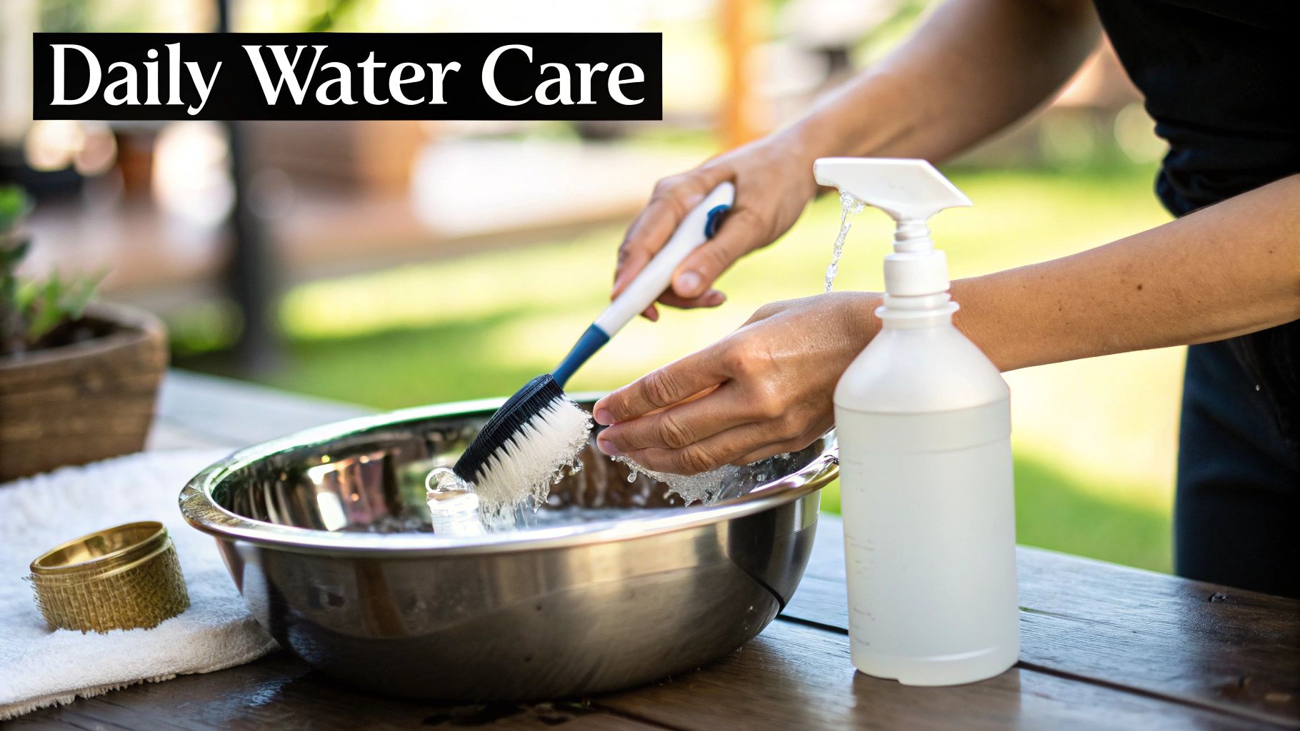 Hands cleaning an object in a metal bowl with a brush, water splashing, next to a spray bottle.