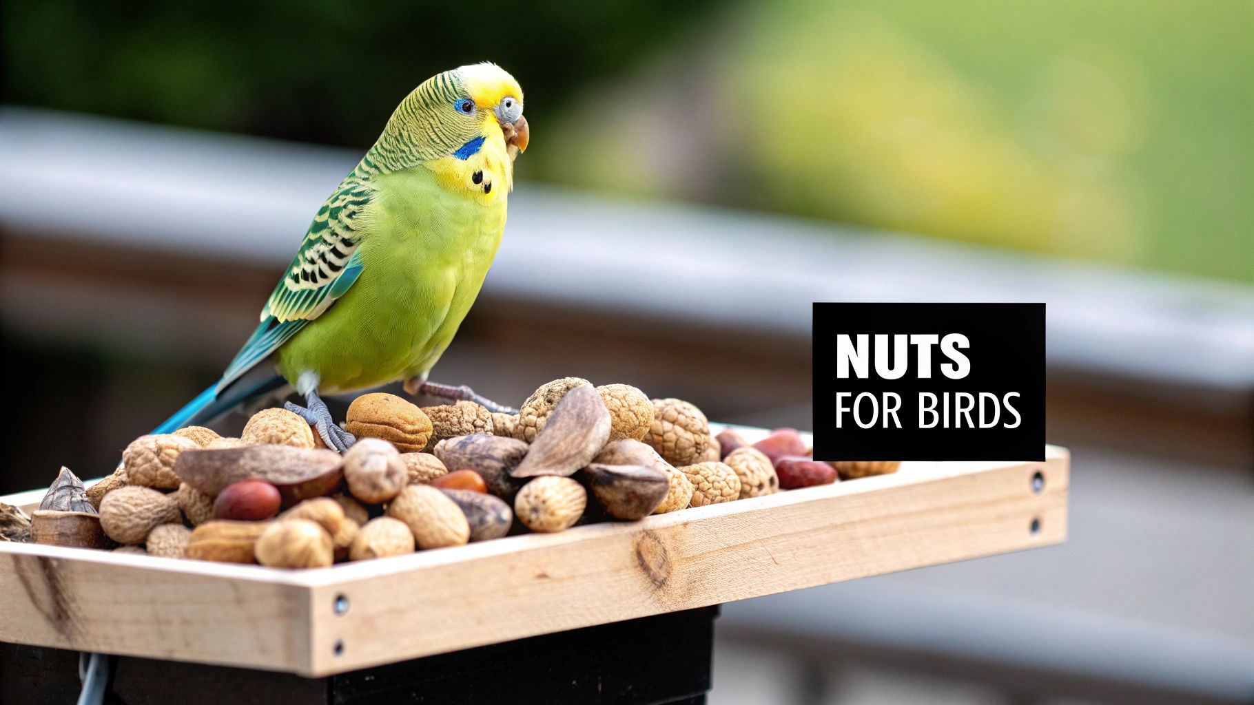 A vibrant green and yellow budgie parrot perches on a wooden tray filled with assorted nuts in shells.