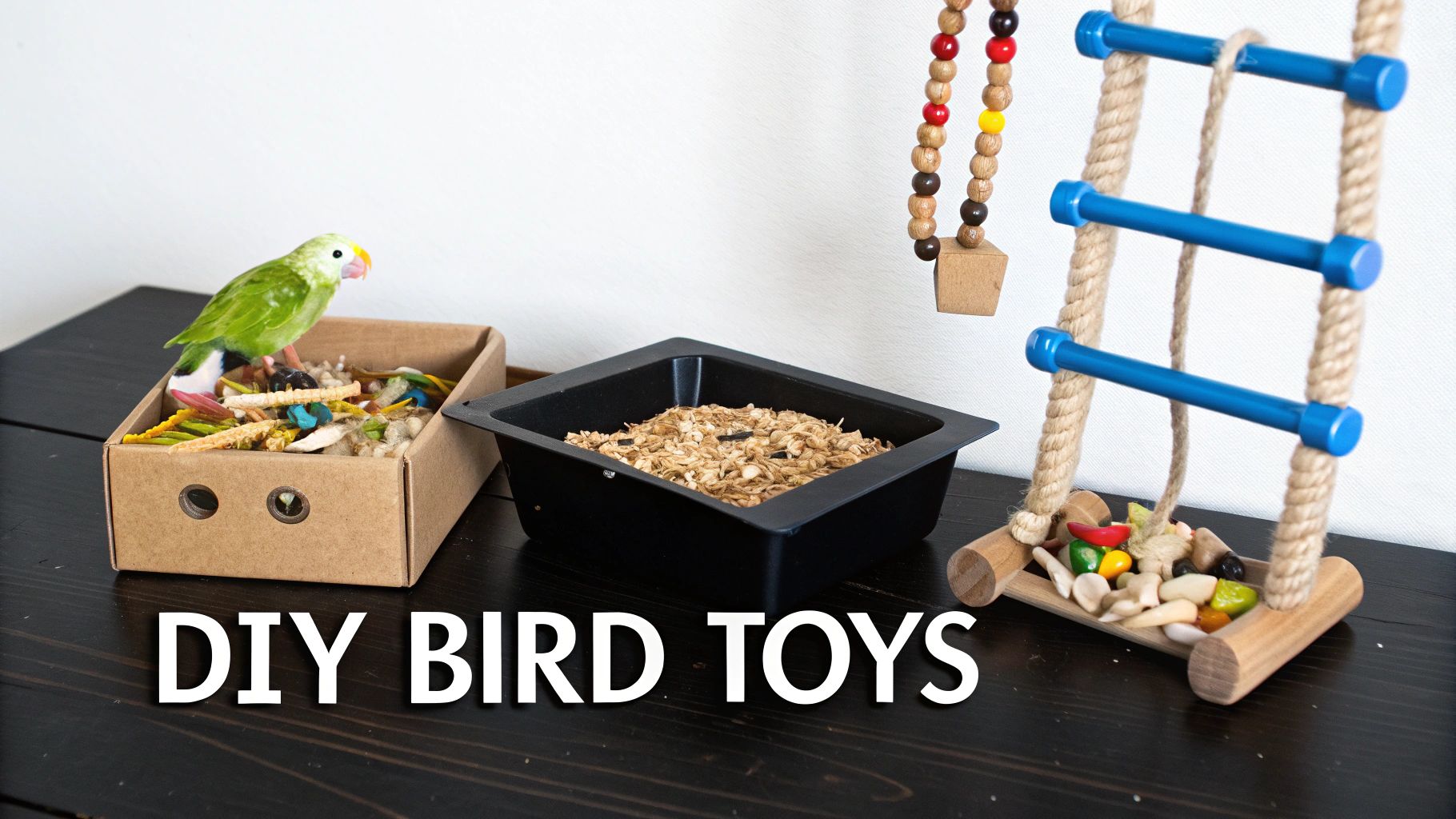 A small green parrot stands on a DIY cardboard box toy filled with colorful shreddable materials, surrounded by other homemade bird toys.