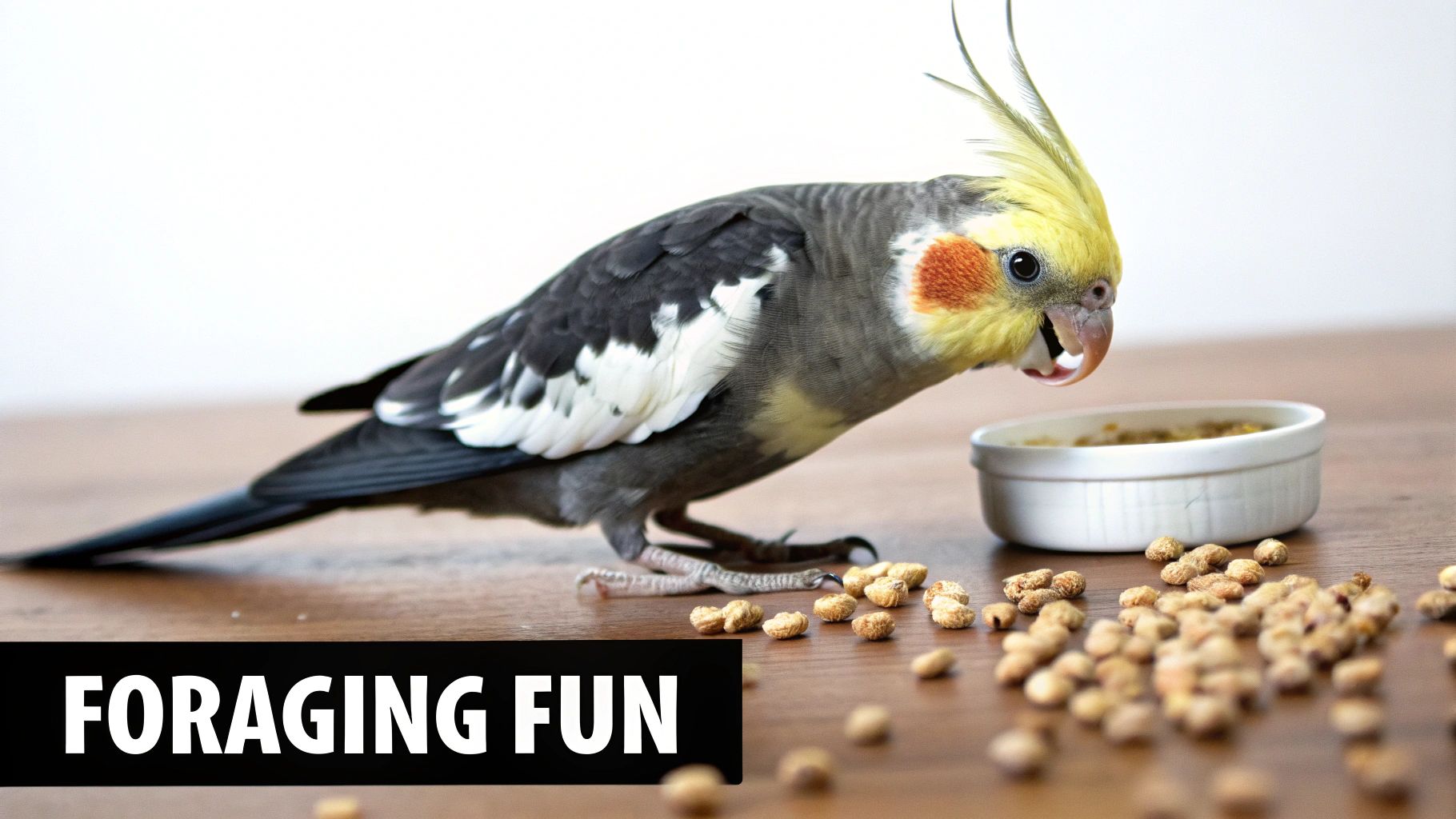 A happy cockatiel with yellow and grey feathers forages for spilled pellets on a wooden table.