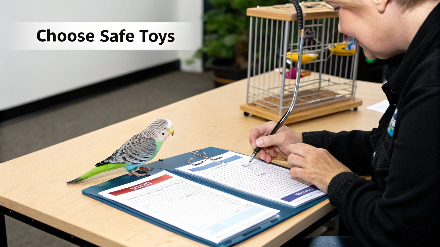 A person writes on a desk next to a budgerigar, with a bird cage in the background, promoting safe pet toys.