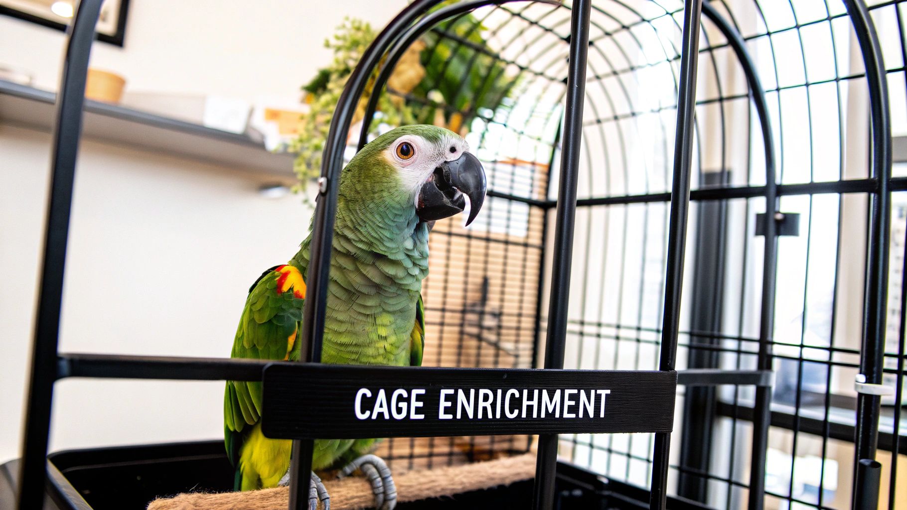 A green parrot with a black beak stands inside a large black cage with a "CAGE ENRICHMENT" sign.